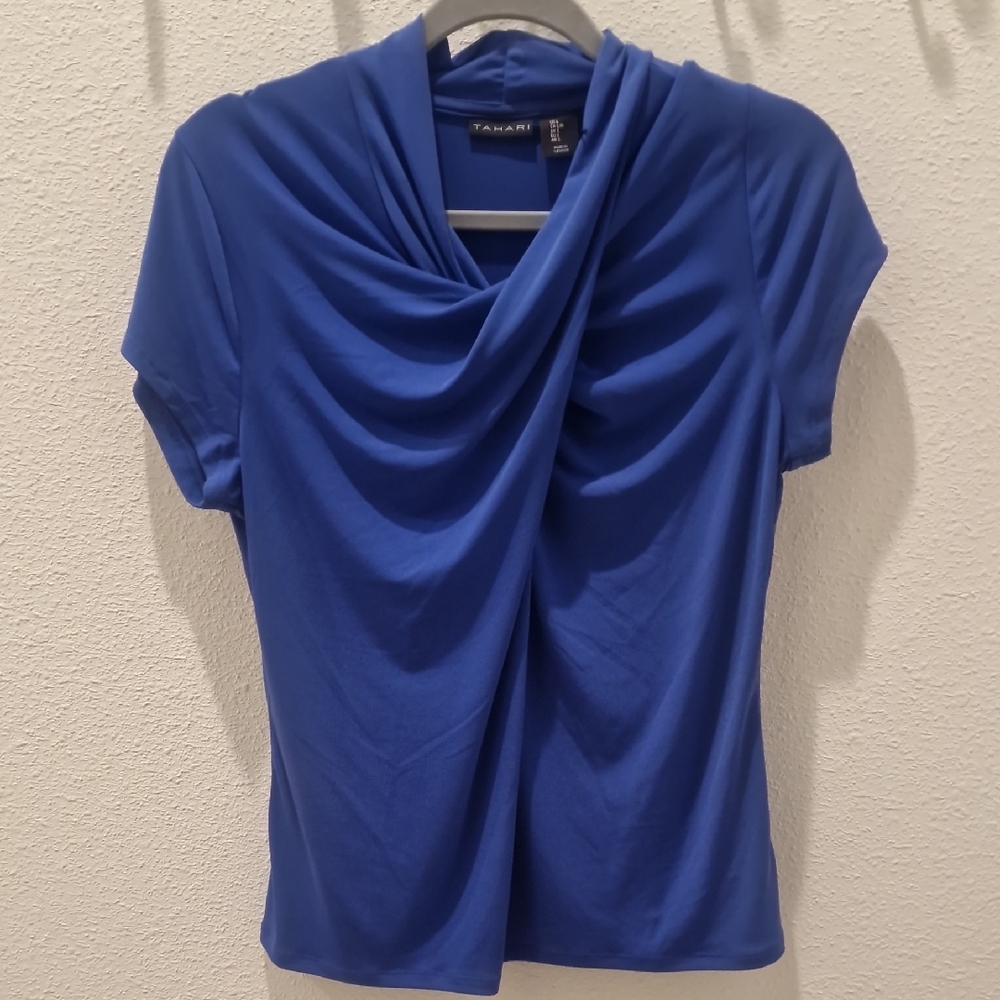 Tahari Blue Draped Blouse with Short Sleeves